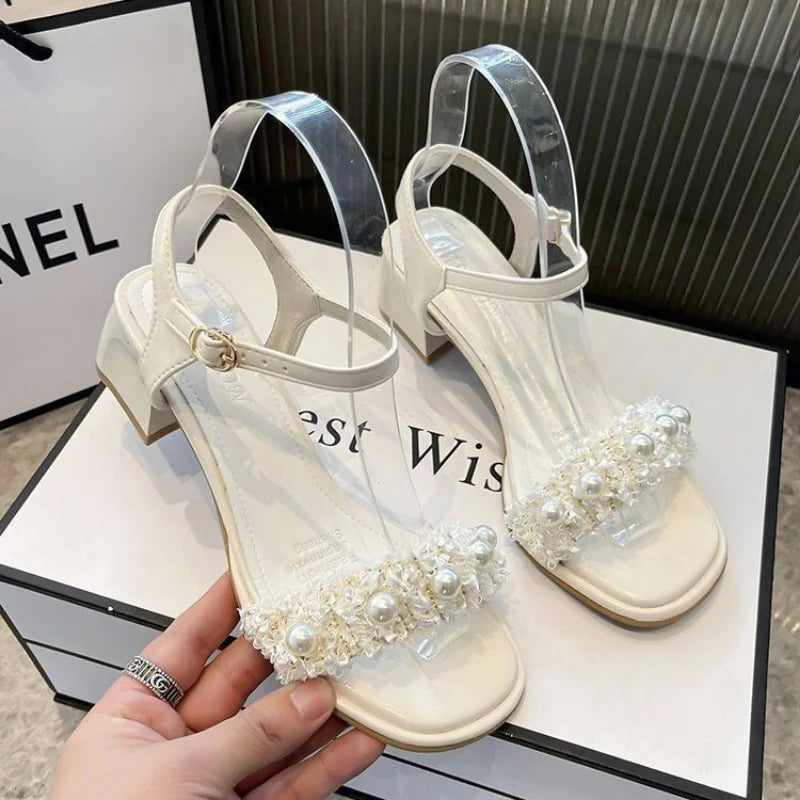 Sandals for Woman Thick Heel Block Women's Shoes Leather Summer One Word Open Toe Footwear Chunky Vip Sandal The Best