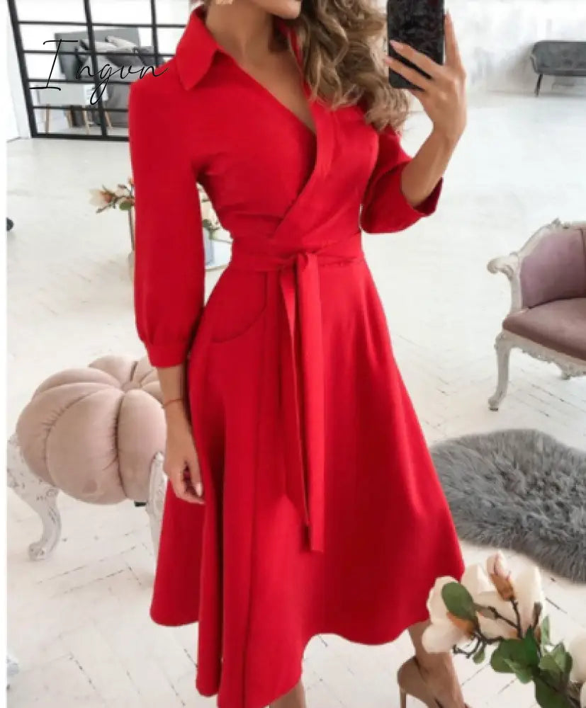 Ingvn - Spring and summer fashion plus size ruched dress long-sleeved V-neck print bag hip dress women's clothing dress for women