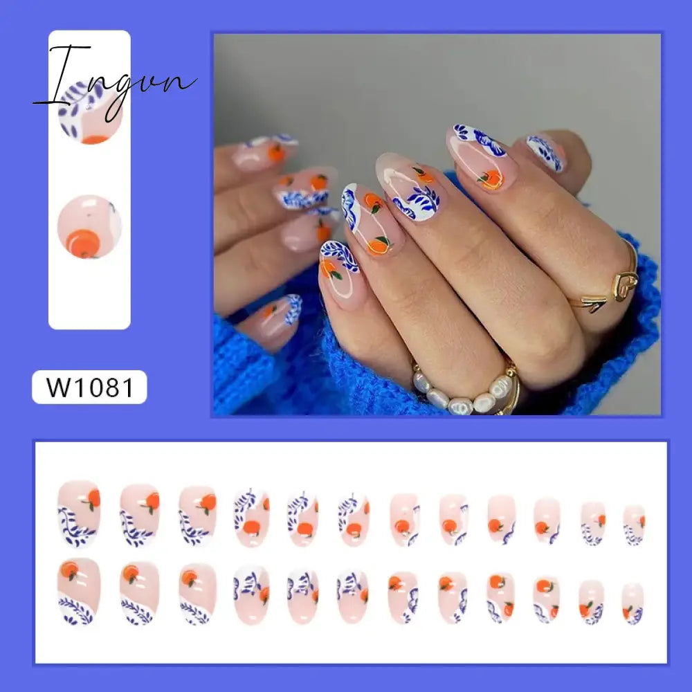 24pcs Cute Fruit False Nail Short Persimmon Orange Printed Press on Nail Manicure Patch Full Cover Detachable Acrylic Nail Tips