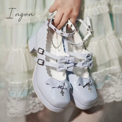 Ingvn - Lolita Sweet Girl Shoes Elegant Square Head High Heel Japanese Leather Shoes Cross Little Devil Bat Cosplay Cos Lolita Loli