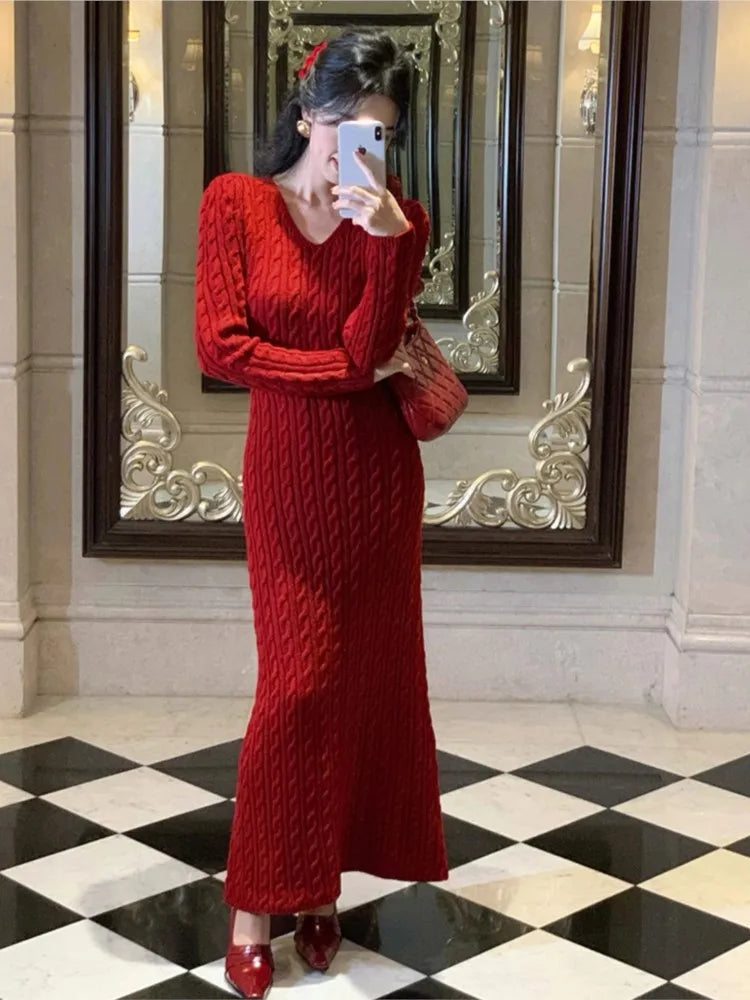 Elegant Knitted Dress for Women Autumn V-neck Bodycon Slim Sweater Dresses Winter Solid Casual Korean Fashion Vestidos Mujer New