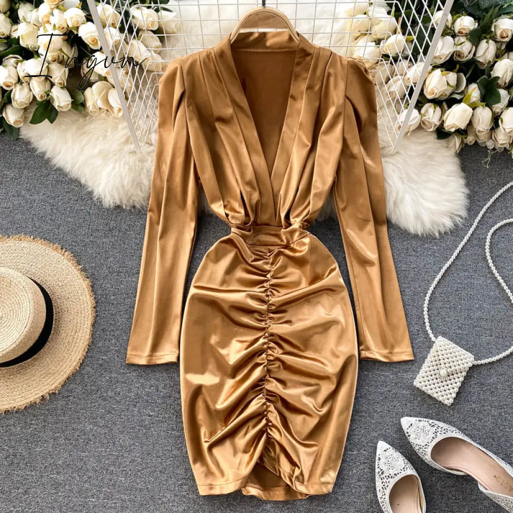 Ingvn - Women Sexy Deep V Short Dress Autumn Ruched Slim Solid Fashion Pencil Dress Korean Style Chic Slim Streetwear Dresses