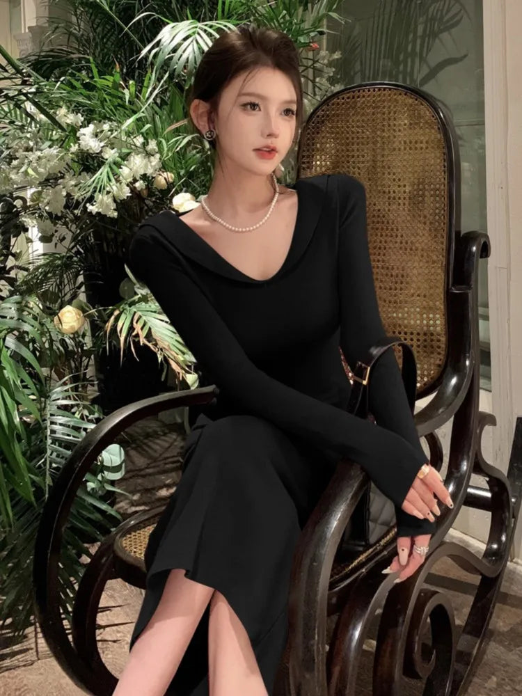 Elegant Knitted Dresses for Women Vintage V-Neck Long Sleeves Party Midi Dress Autumn Solid Prom Vestidos Female Casual Clothing