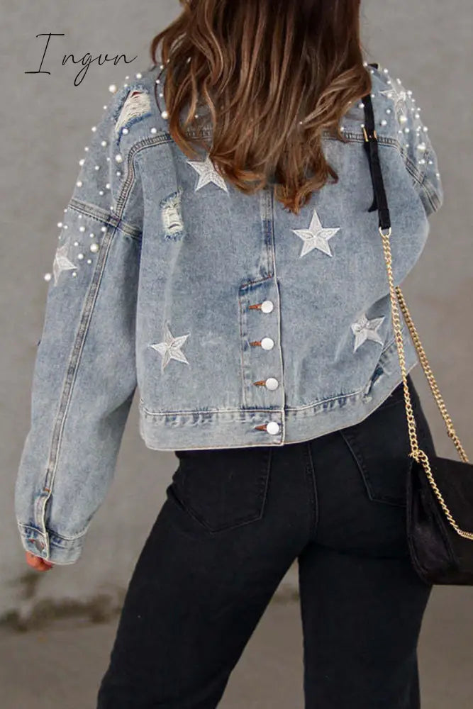 Ingvn - Casual Solid Beading Turndown Collar Long Sleeve Denim Jacket