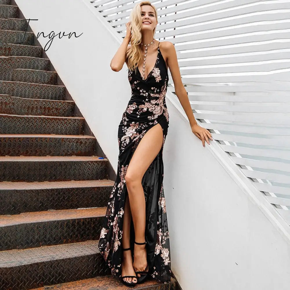 Ingvn - Fashion Trends Sexy lace up halter sequin party dresses women High split maxi dress festa female Christmas evening long dress vestidos