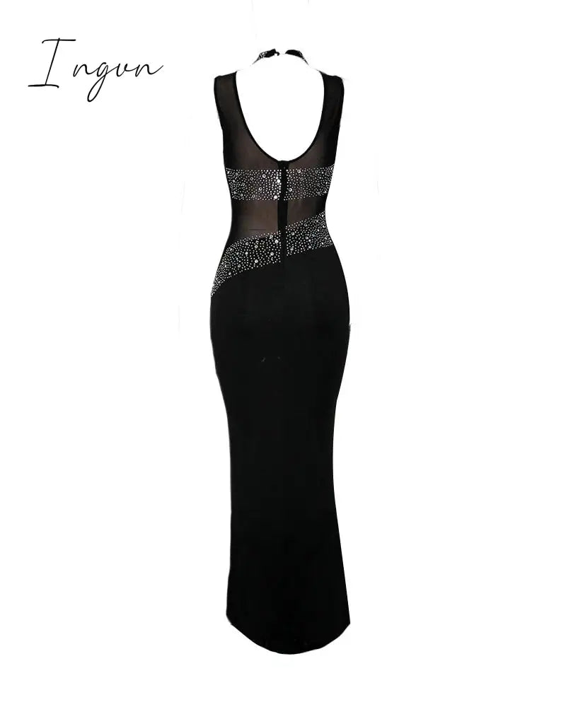 Ingvn - Women Elegant Formal Gown Maxi Dress Female Stylish Long Party Dress Rhinestone Mesh Splicing Evening Dress