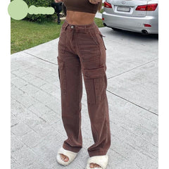 Rockmore Brown Vintage Baggy Jeans Women 90s Streetwear Pockets Wide Leg Cargo Pants Low Waist Straight Denim Trousers