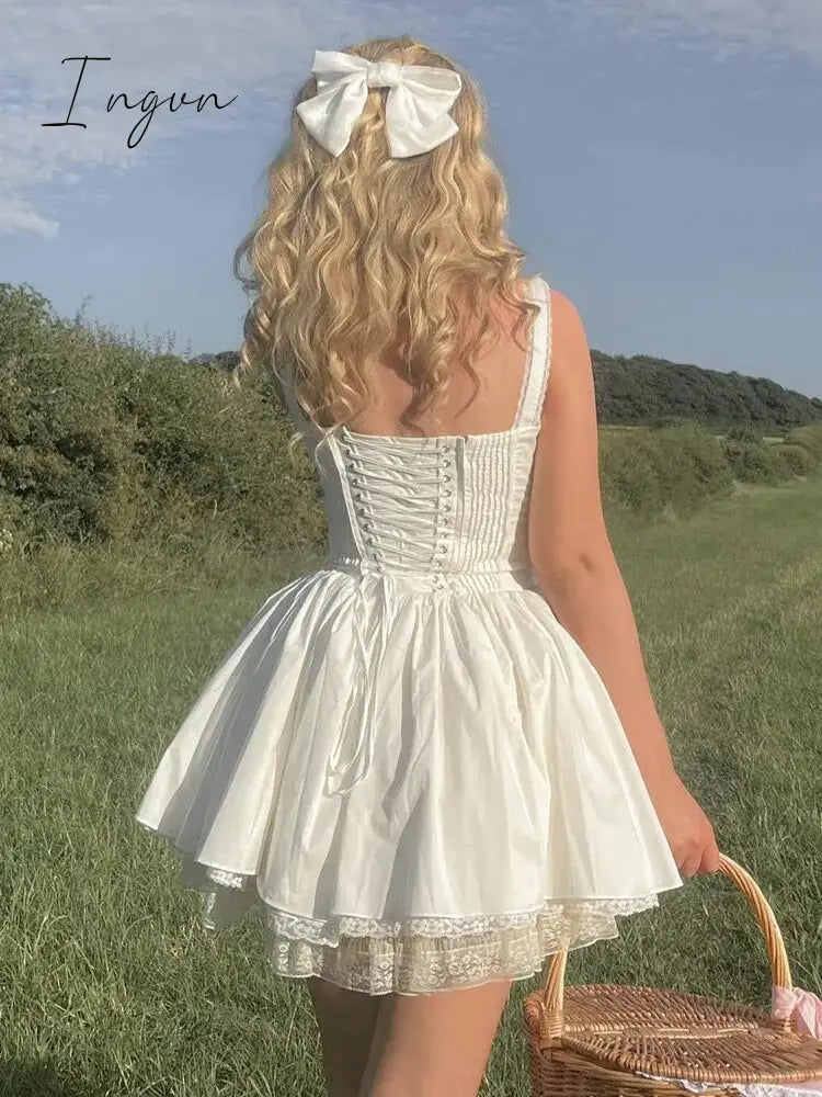Ingvn - White A Line Party Dresses Women Mini Elegant Lace Up Holiday Dress Casual Spaghetti Strap Summer Women Clothing 2023