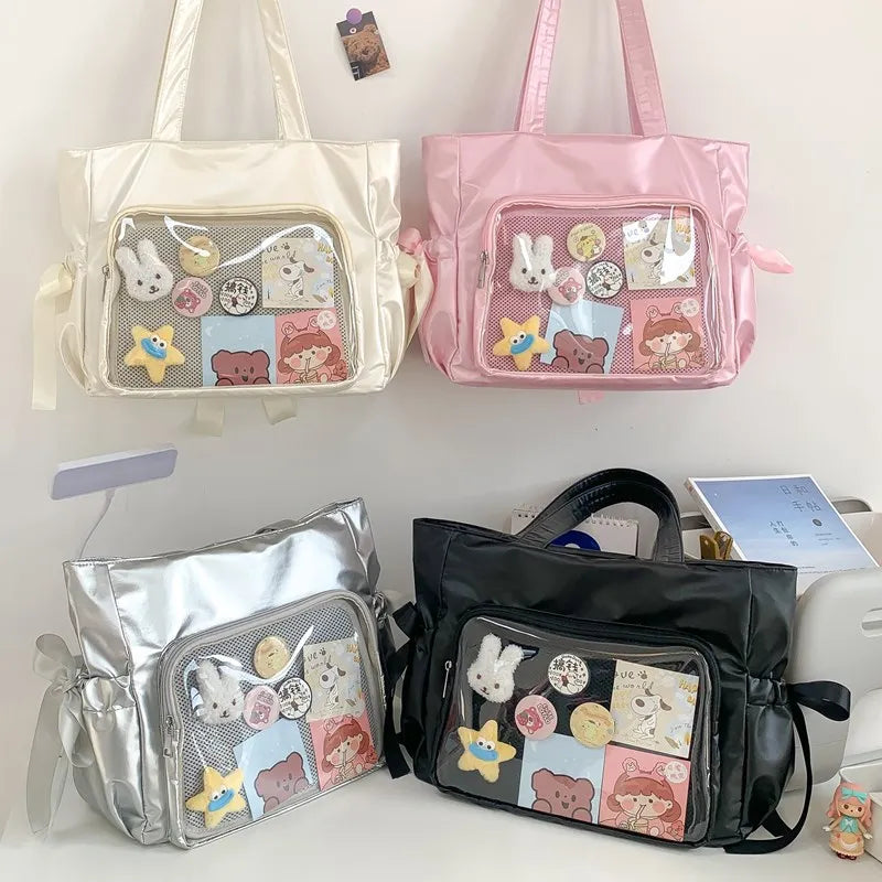 Ingvn  Sweet Ribbon Satin Bow Tote Bag Ballet Style Original Comic Handbag Beautiful Double Large Capacity Student Shoulder Bag