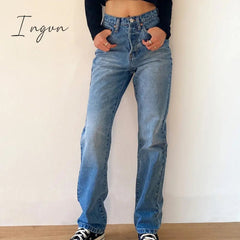 Ingvn - Jsvery Women's Jeans Baggy Jeans For Women Mom Jeans High Waist Blue Loose Washed Fashion Straight Denim Pants Vintage Streetwear