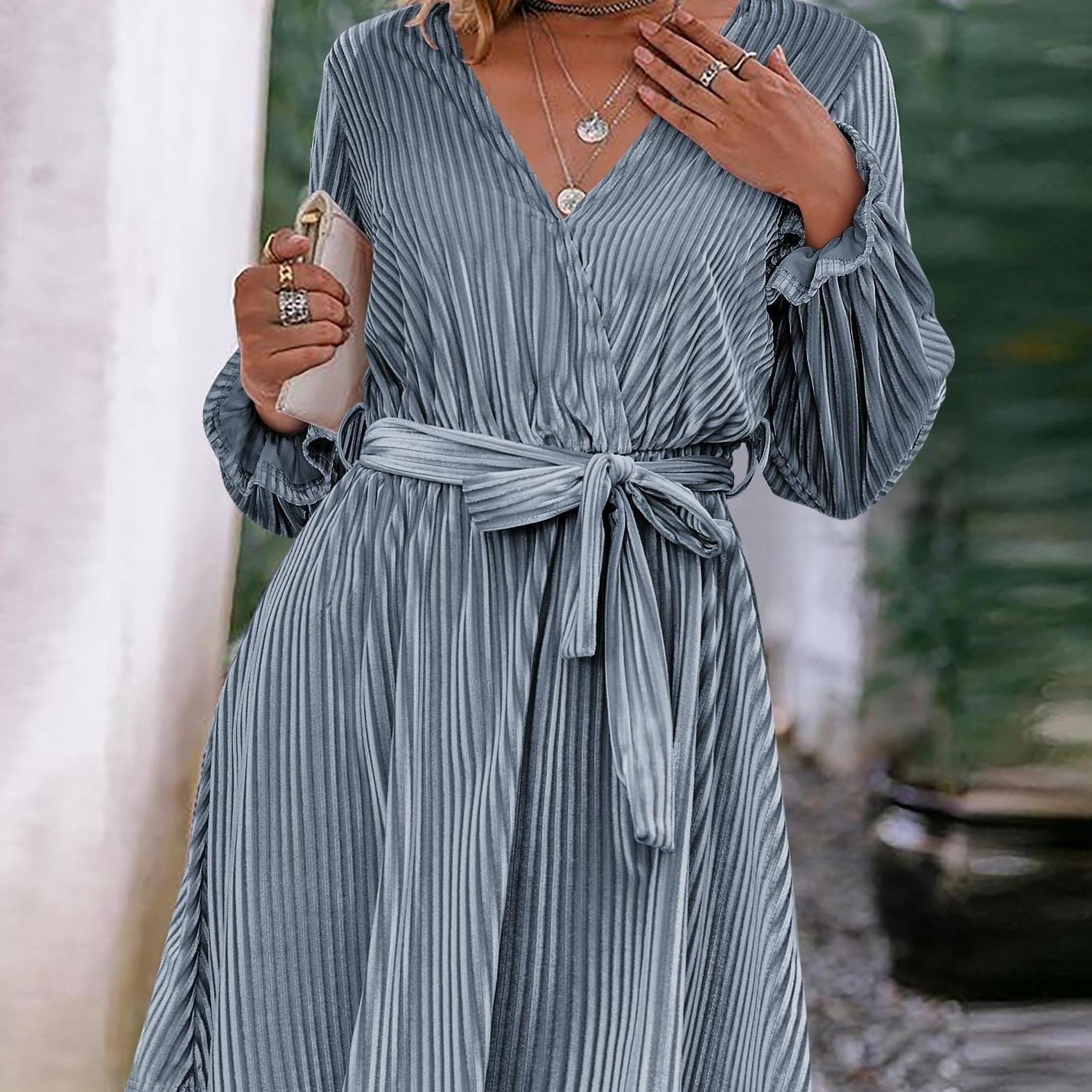 Women Velvet Faux Wrap Dress V Neck Ruffle Trim Long Sleeve Dress Tie Waist Fall Dress Wedding Guest Dresses for Women