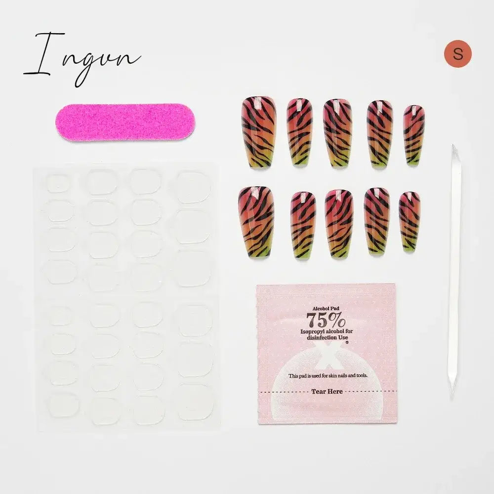 10PCS Chinese Style Fake Nails with Glue Sfumato Ink Long Nails Set Press on Acrylic Stick on False Nails Art