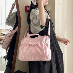 Ingvn  Cute Elegant Womens Shoulder Bag Pink Pleated Bow College Style Tote Bag Aesthetic Literary Casual Daily New Ladies Handbag