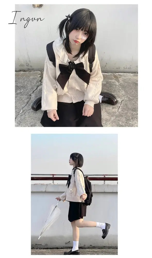 Ingvn - Spring Japan Kawaii Fashion Pink Cardigan Women Vintage Crop Knitted Sweater Cute Bow Heart Korean JK School Coat