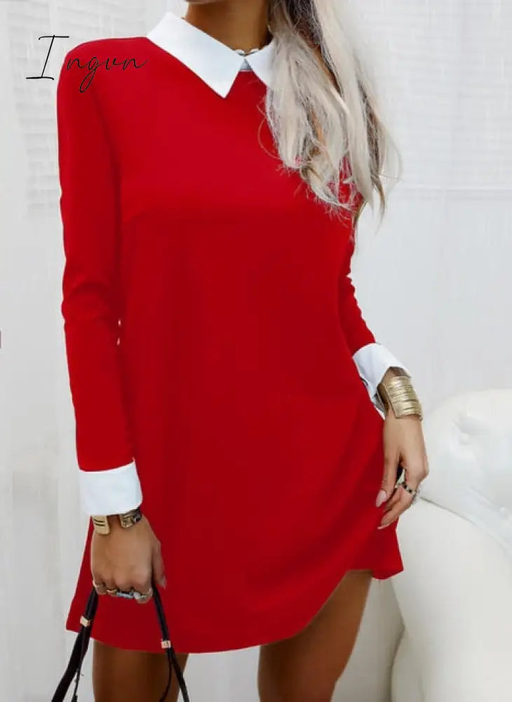 Ingvn - Dresses for Women Color Block Long Sleeve MIni Dress Autumn Office Ladies Elegant Turn Down Collar Casual Short Shirt Dress