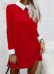 Ingvn - Dresses for Women Color Block Long Sleeve MIni Dress Autumn Office Ladies Elegant Turn Down Collar Casual Short Shirt Dress