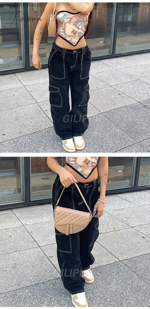 Ingvn - Y2k Cargo Pants Women's Jeans New Fashion Baggy Jeans Denim Overalls 90s Low Rise Pocket Straight Leg Trousers Streetwear