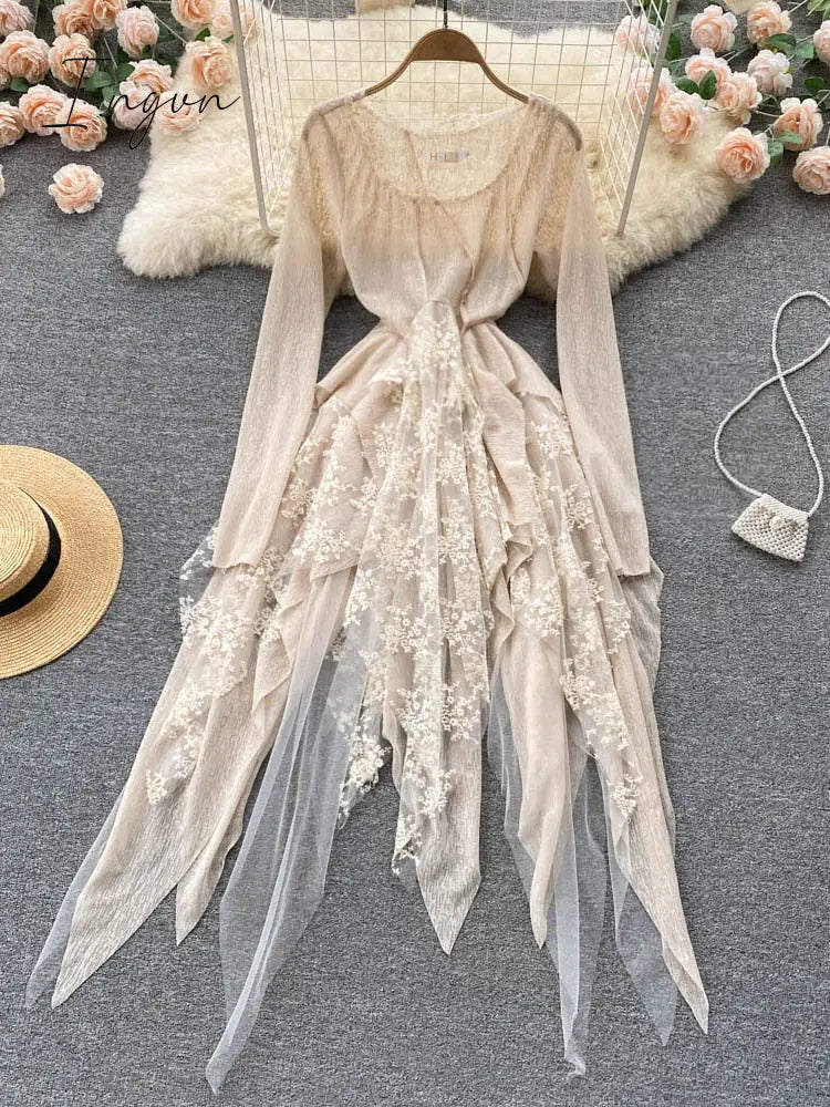Ingvn - 2023 New Autumn Summer O-neck Lace Up Waist Closing Irregular Vestidos Women Temperament Elegan Party Dress Tide