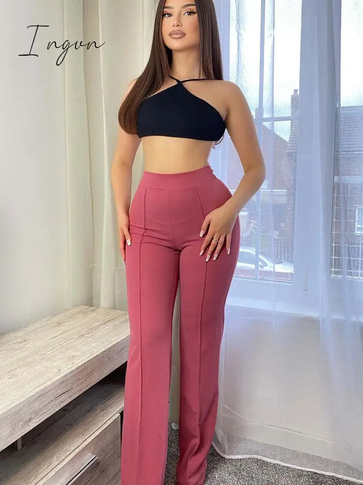 Ingvn - Spring  Autumn New Slim Solid Tone Flare Pants Fashion Korean Version Elastic Waist Street Dress Women Suit Wide Leg Pants