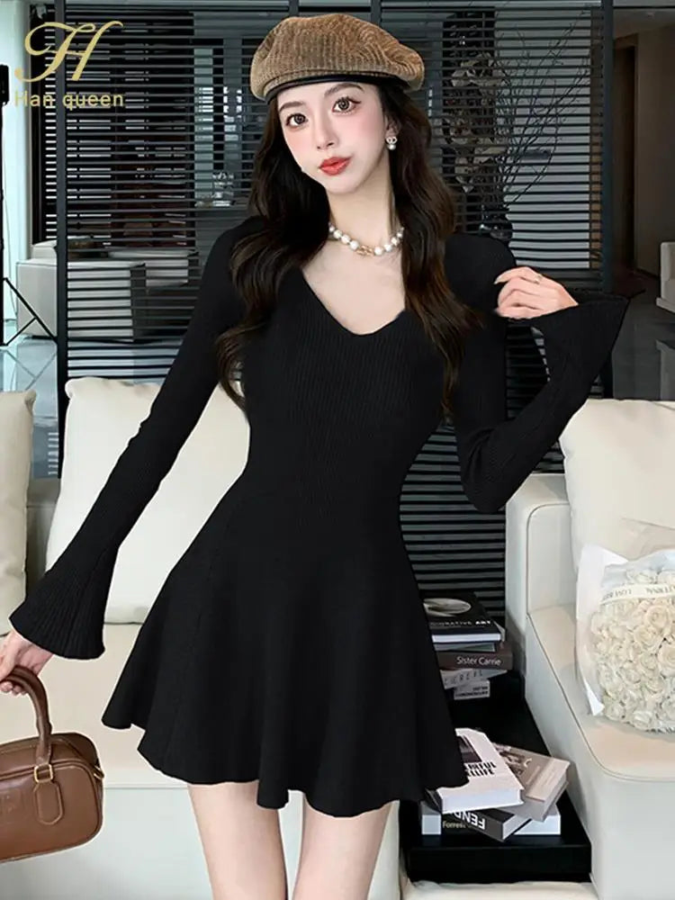 Autumn Solid Knitted Dresses for Women Elegant Fashion V-Neck Slim Evening Party Mini Dress Female A-Line Casual Vestidos Mujer