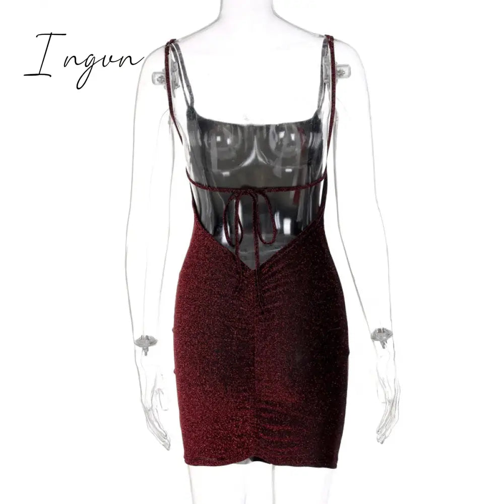 Ingvn - Bling Glitter Sequin Women Strap Mini Dress Ruched Lace Up Backless Bodycon Sexy Party Club Autumn Winter Elegant