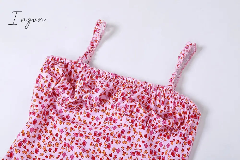 Ingvn - New Fashion Summer Casual Beach Pink Floral Print Dress Bodycon Long Strap Ruched Women Sexy Club Party Dress