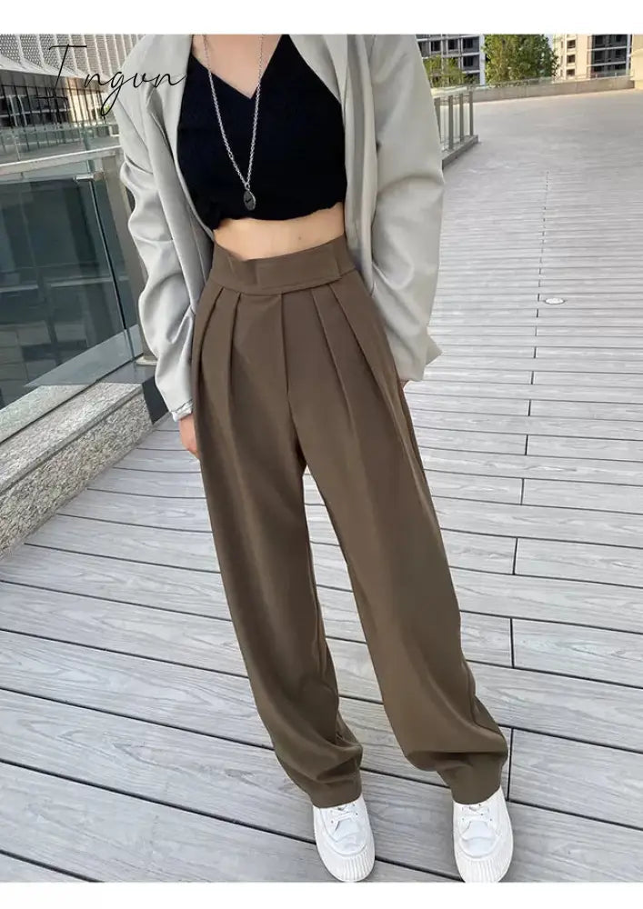 Ingvn - Brown Wide Leg Women's Classic Suit Pants Vintage Palazzo Office Elegant Casual Balck Trousers Female High Wasit Pants