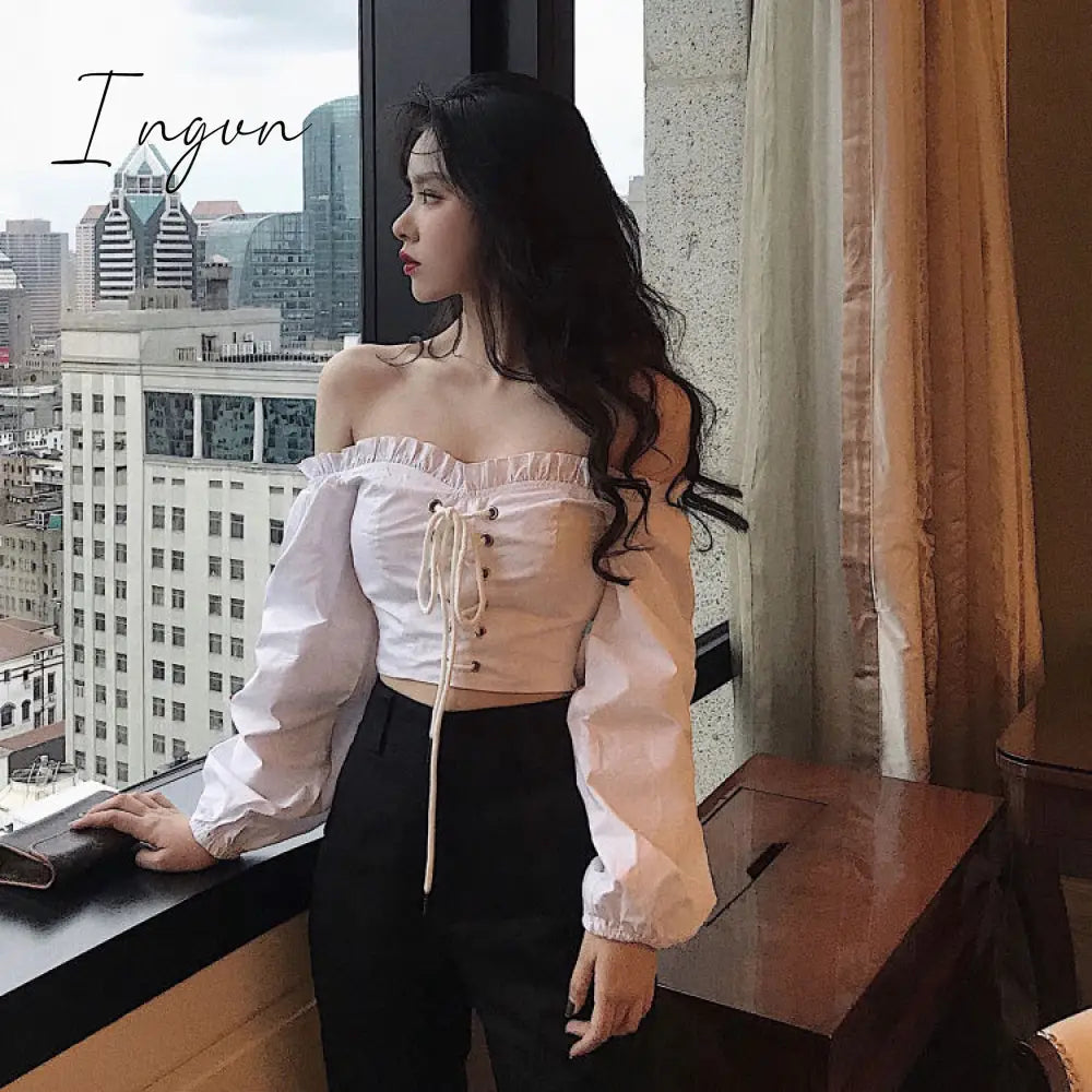 Ingvn - Womens Off Shoulder Top Long Sleeve Ruffle Vintage Blouse With Puff Sleeves Lace Up Ladies Tops Bandage Crop Tops Black White