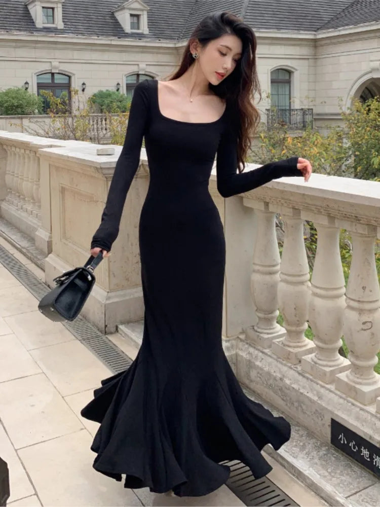 Autumn Sexy Black Mermaid Party Dress for Women Square Collar Long Sleeve Slim Bodycon Vestidos Elegant Streetwear Long Robe