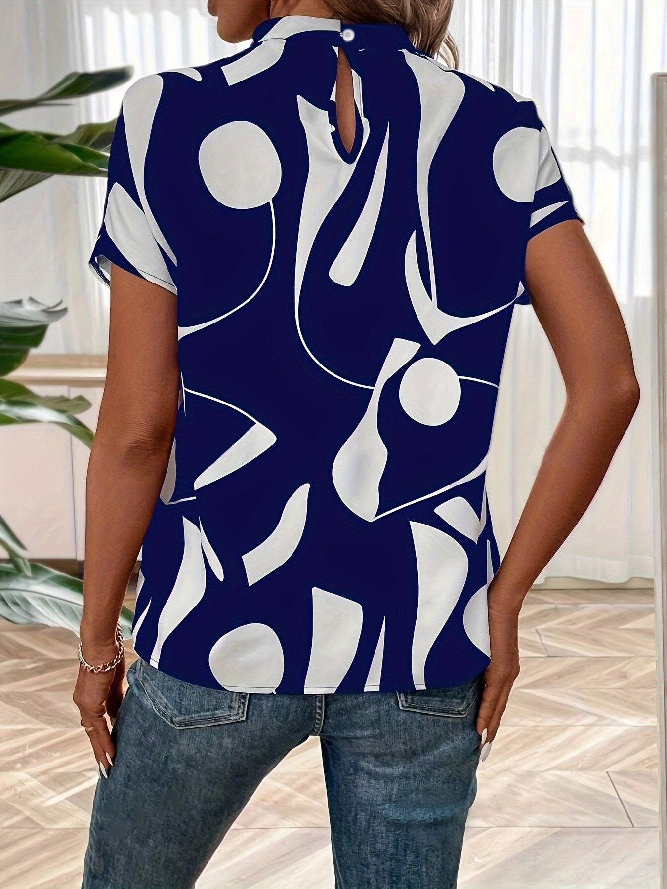 Abstract Print Mock Neck Blouse, Casual Short Sleeve Blouse For Spring & Summer, Women's Clothing