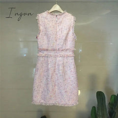 Ingvn - Designer Women Tweed Party Vest Dress Women's Autumn Winter Pink Diamonds Bow Tassel Luxury Sleeveless Slim Dress