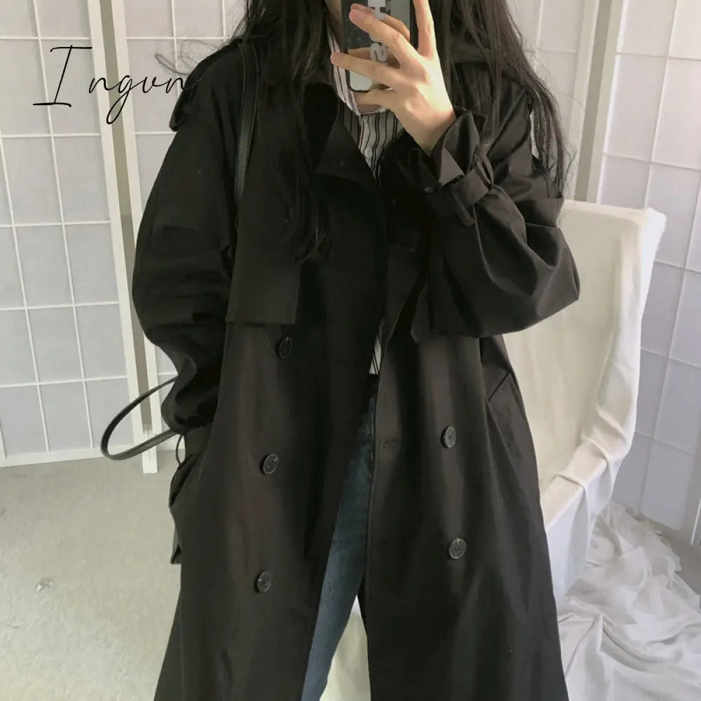 Ingvn - Chic Women Trench Coat Casual Women's Long Outerwear Loose Overcoat Autumn Winter Fashion Double-breasted Windbreaker Femme