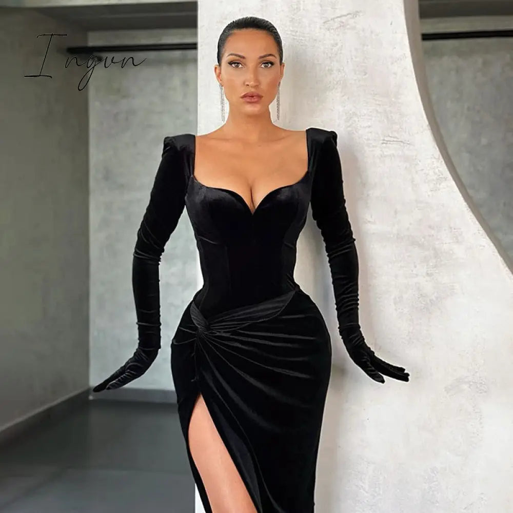 Ingvn - Autumn Winter Dress Women Off Shoulder Velvet Corset Prom Dresses Side Slit Bodycon Party Elegant Robe Vestidos