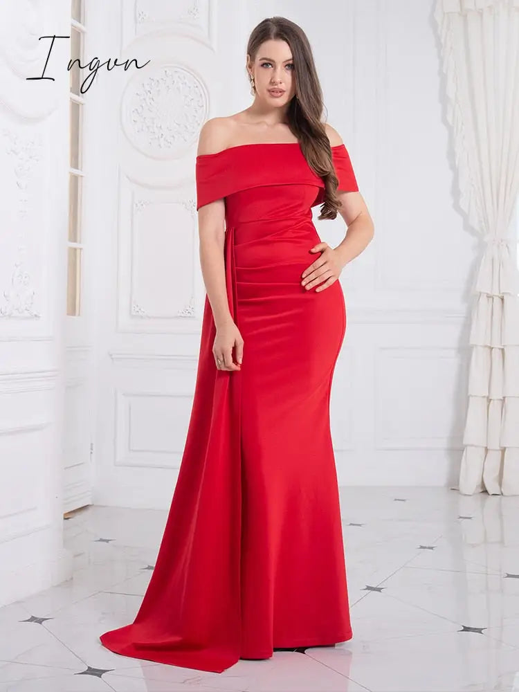 Ingvn - White Off Shoulder Stretch Evening Night Party Dress Side Trains Floor Length Slash Neck Fromal Party Gown Red Black