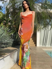 Ingvn  Summer Sexy Backless Flower Printed Long Slip Dress Streetwear Women's Sleeveless High Waist Bodycon Holiday Party Dresses