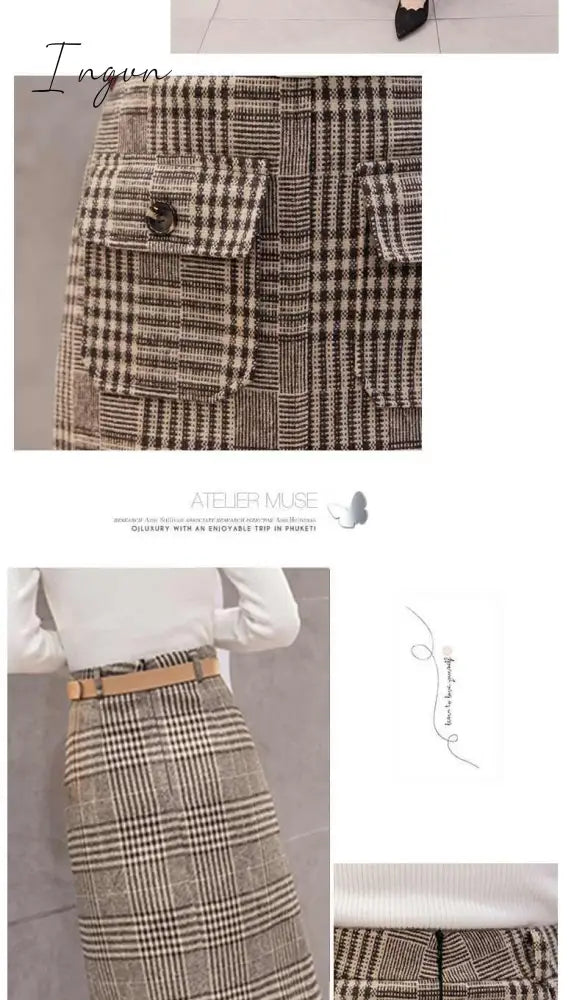 Ingvn - With Belt Autumn and Winter Houndstooth Skirt Women's Split Long Woolen Tartan Skirt Woman Skirts Mujer Faldas Saias Mulher