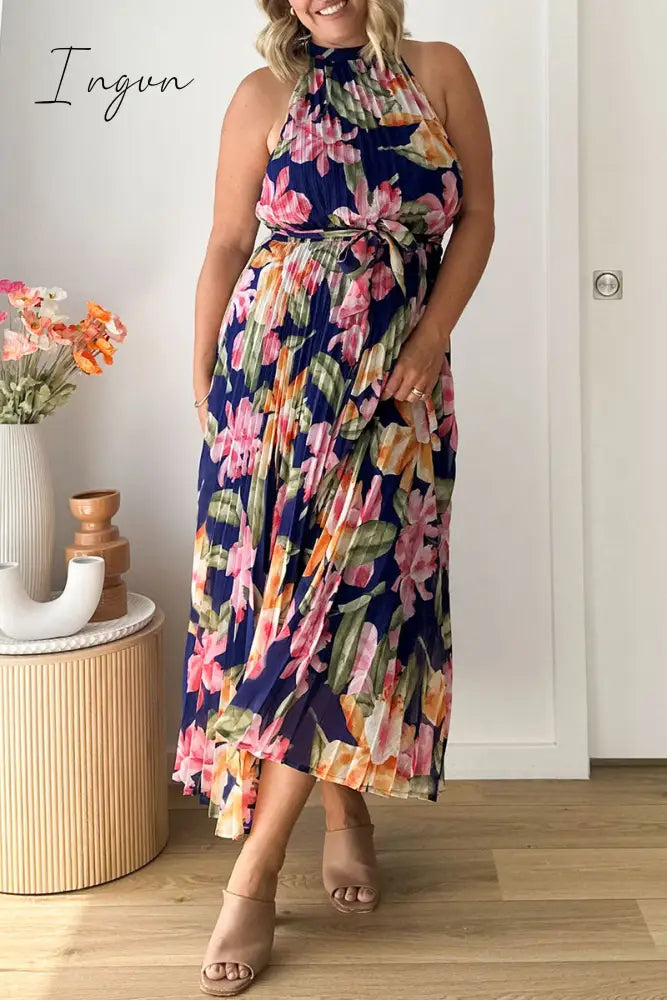 Ingvn- Vintage Elegant Floral Frenulum Halter Printed Dress Dresses