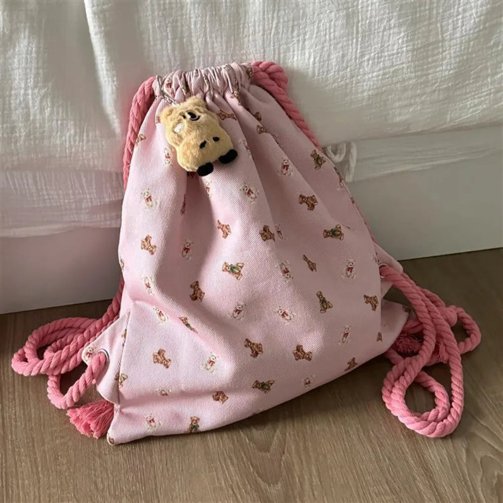Ingvn  Strap Pocket Drawstring Backpack for Women Casual Cute Pattern Versatile Backpack Canvas Bag Student Backpack