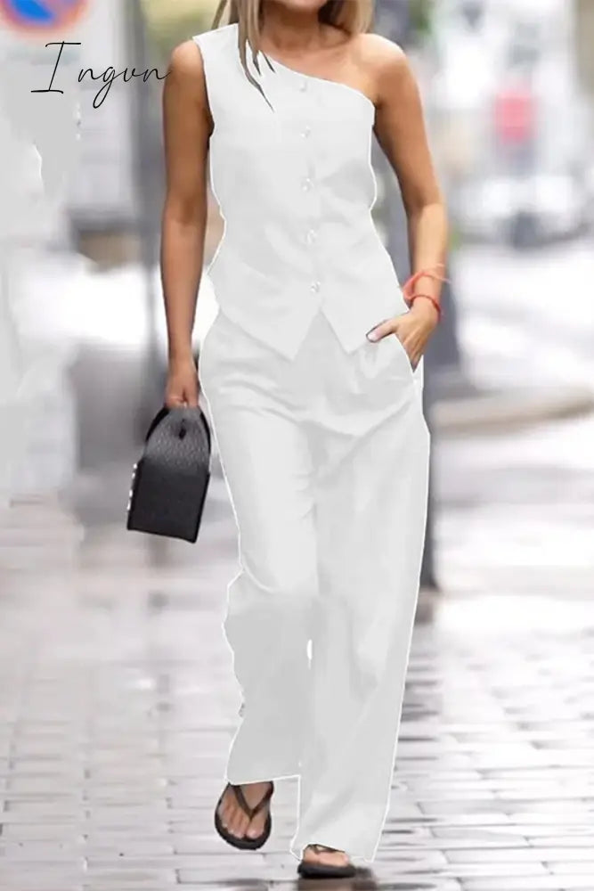 Ingvn - Elegant Solid Pocket Oblique Collar Sleeveless Two Pieces