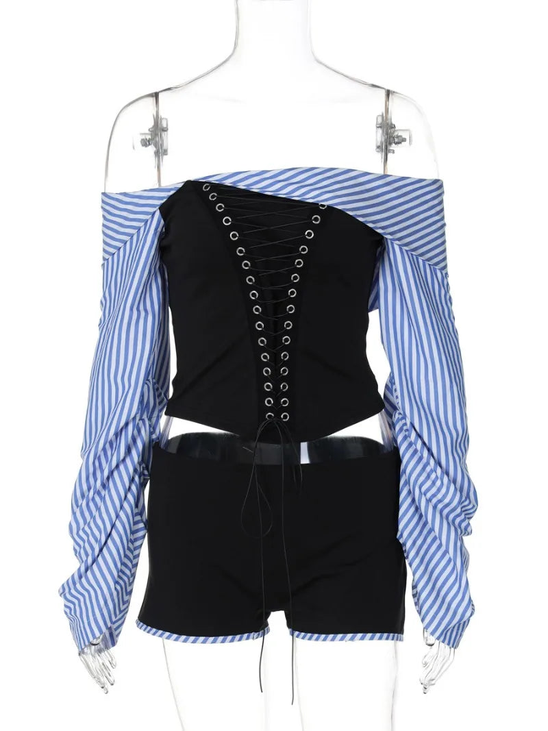 Ingvn  Fashion Chic Women Long Sleeve Striped Long Sleeve Corset Shirts + Shorts 2 Piece Sets High Street Tunics Bandage Female Suit