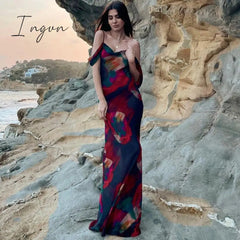 Ingvn - Outfits Summer New Beach Vacation Bohemian Fashion Shoulder Straps Sleeveless High Waist One Shoulder Temperament Elegant Long Dress