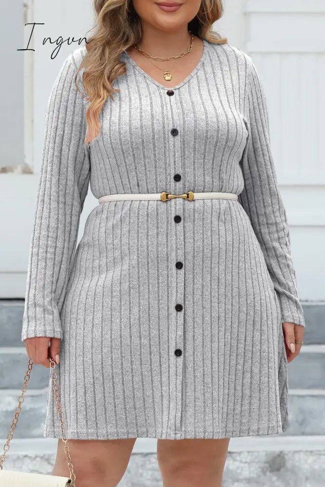 Ingvn - Casual Solid Patchwork V Neck Long Sleeve Plus Size Dresses (Without Belt)