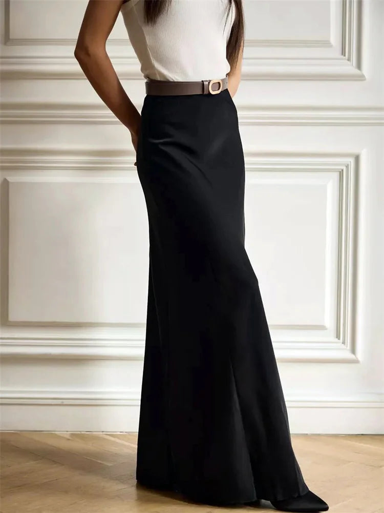 Summer Satin High Waist Long Skirt Female Slim Patchwork Fashion Elegant Streetwear Casual Solid Maxi Skirt Clothes