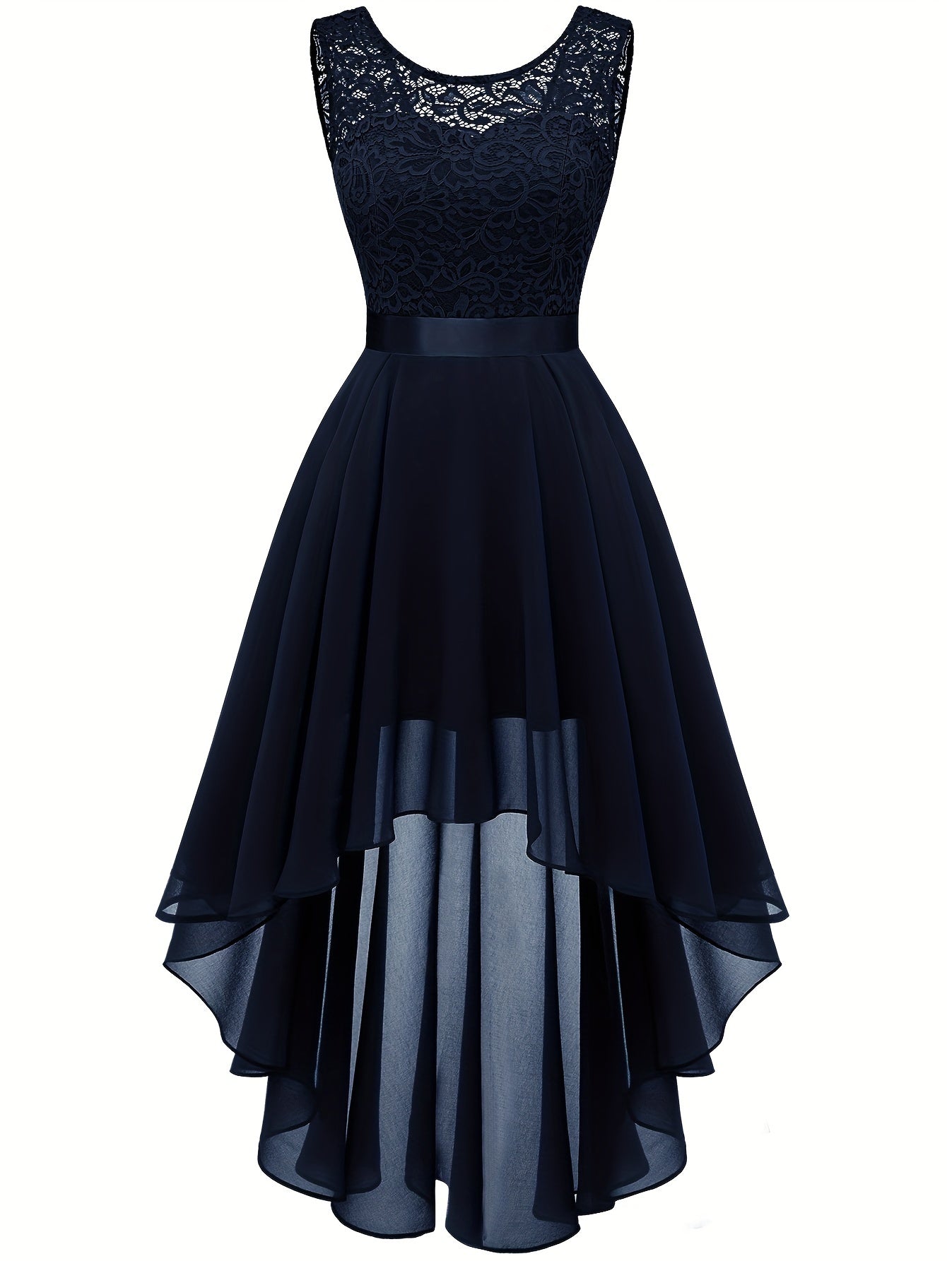 Contrast Lace Asymmetric Hem Wedding Dress, Elegant Solid Bow Waist Tank Dress For Party & Banquet, Homecoming Dress, Women's Clothing