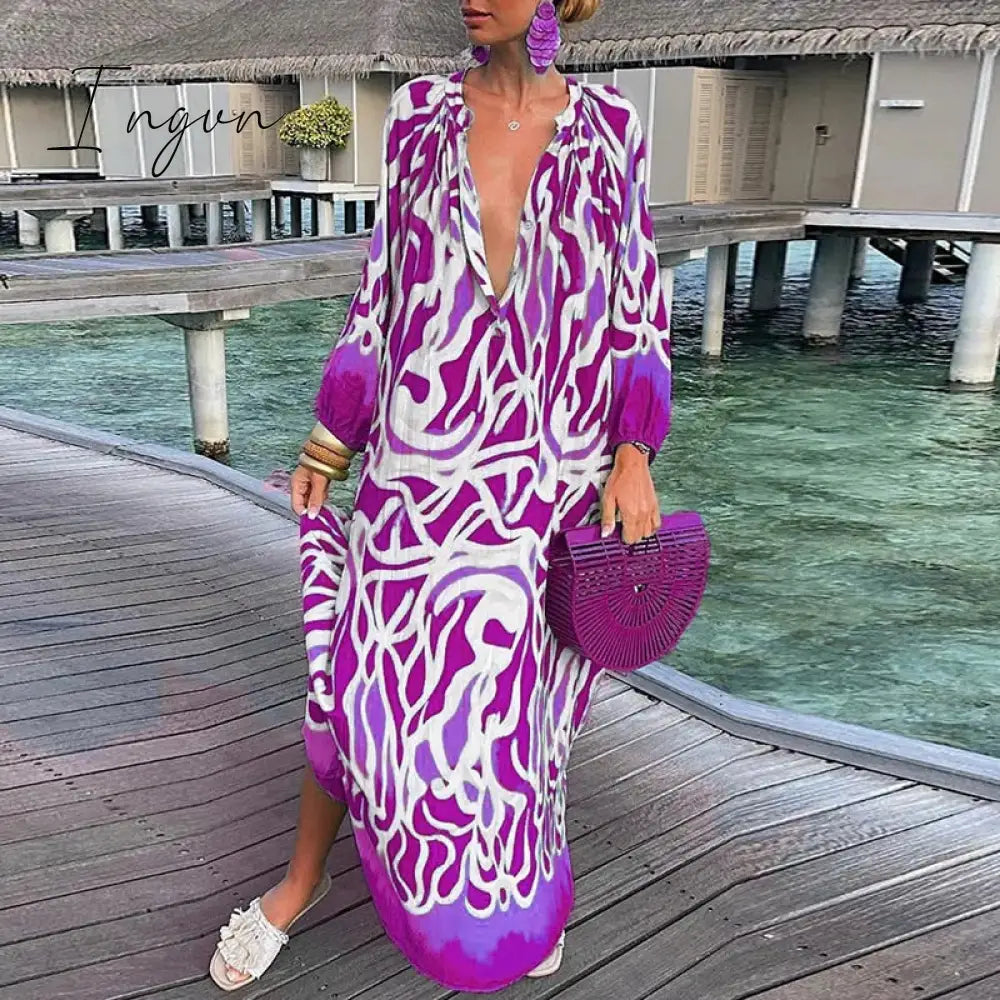 Ingvn - Autumn New Women's Loose Long Sleeves Dress Casual Printed Long Sleeves Streetwear Ladies Fashion V Neck Elegant Commute Dresses
