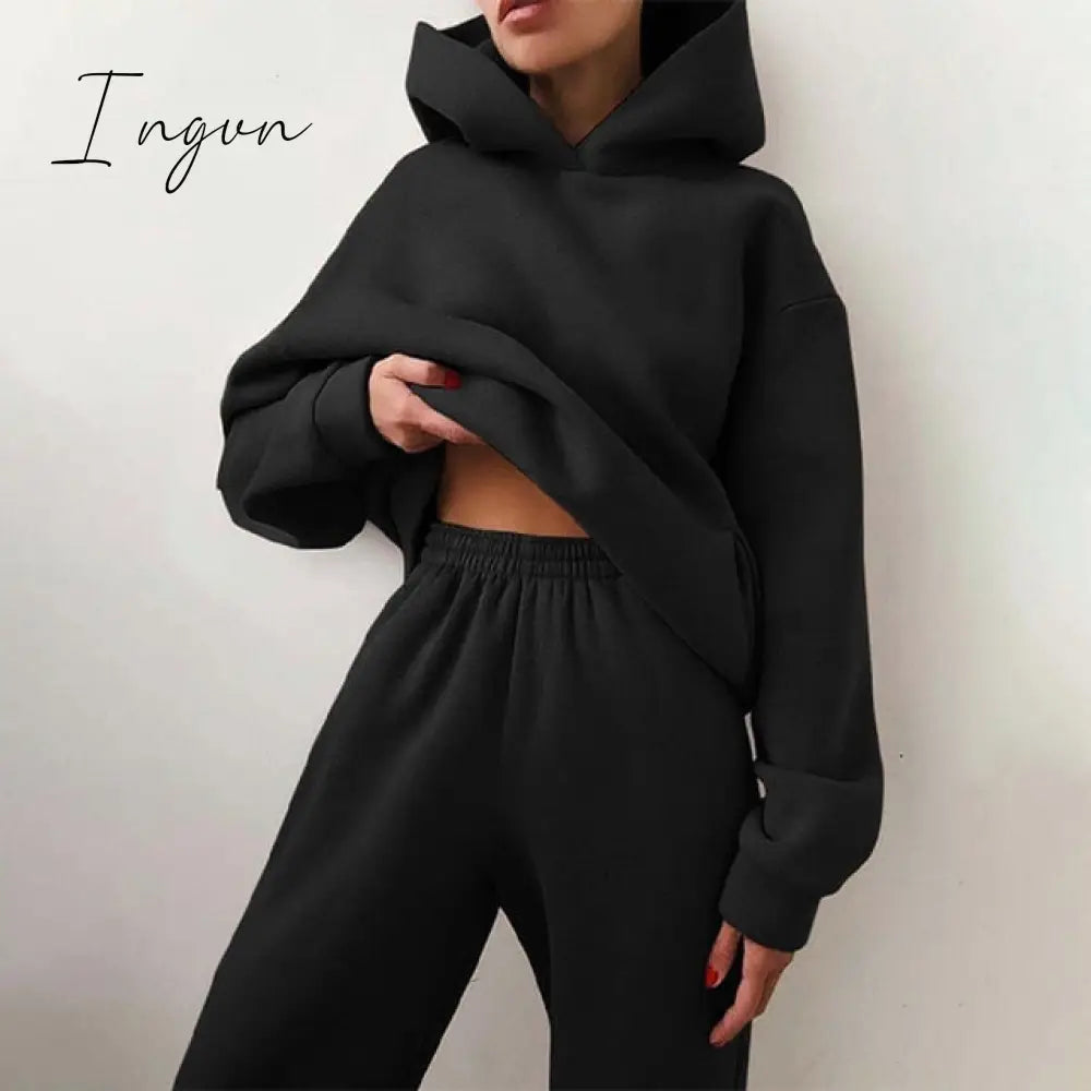 Ingvn - Women Elegant Solid Sets For Women Warm Hoodie Sweatshirts And Long Pant Fashion Two Piece Sets Ladies Lace Up Sweatshirt Suits