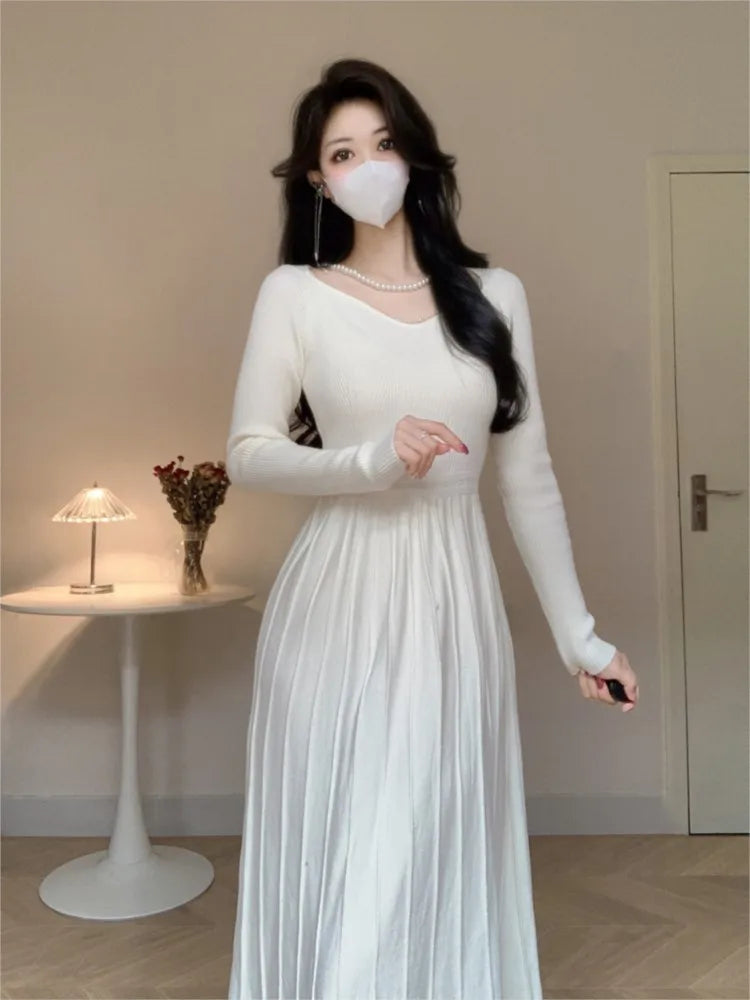 Elegant Casual Pleated Knitted Dress for Women Korean Autumn Slim A Line Sweater Dresses Long Sleeve One Piece Female Clothes