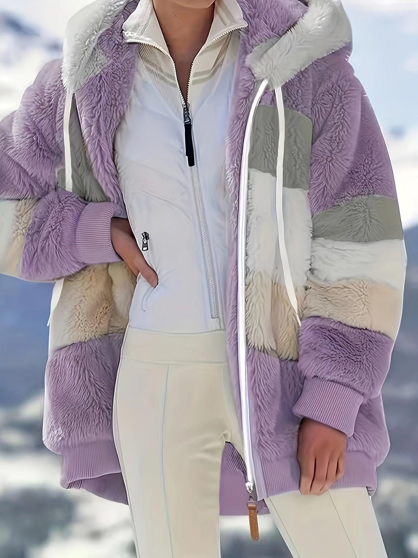 Fuzzy Color Block Coat, Casual Hooded Zip Up Drawstring Long Sleeve Outerwear, Women's Clothing