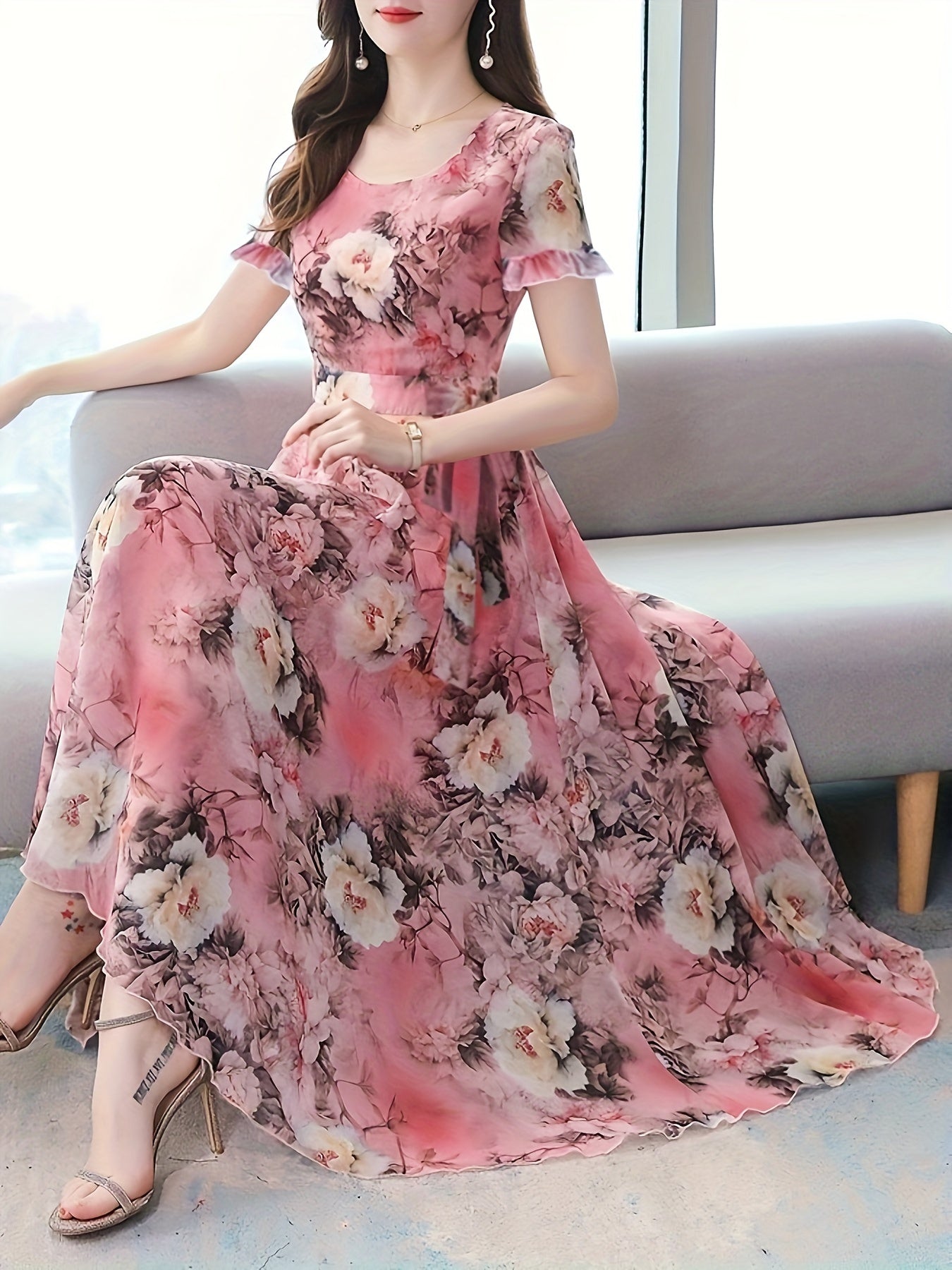 Vibrant Floral Print Crew Neck Dress - Elegant Short Sleeve, Comfortable, Breathable, Spring & Summer Essential - Women's Clothing for Chic, Elegant Dressing, Perfect for Outdoor Activities