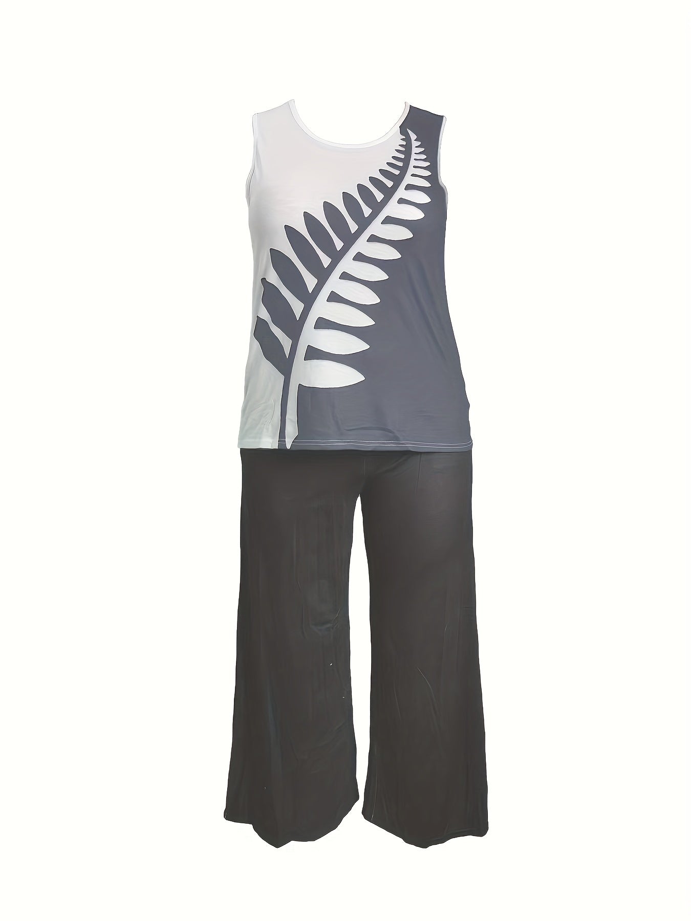 Plus Size Casual Outfits Two Piece Set, Women's Plus Colorblock Stripe Print Round Neck Slight Stretch Tank Top & Pants Outfits 2 Piece Set